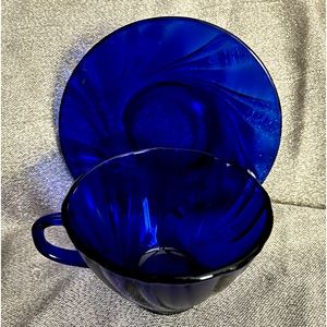 Vintage Vereco Cobalt Blue Cups & Saucers France Swirl Pattern Set of 5